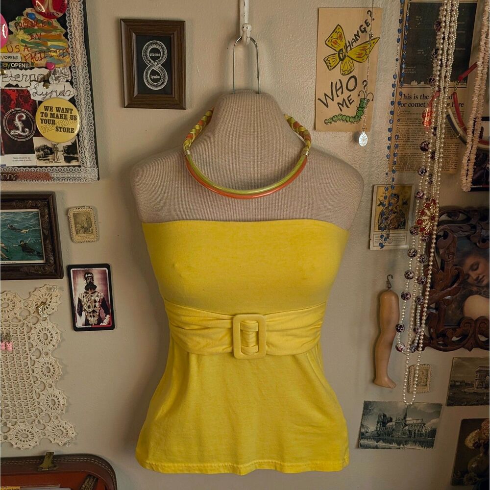 Y2K Belted Strapless Tube Top Women's Small Bright Yellow